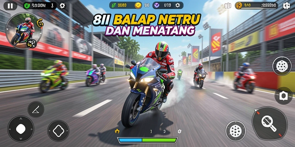 Tampilan antarmuka balap motor yang penuh aksi dan interaktif.