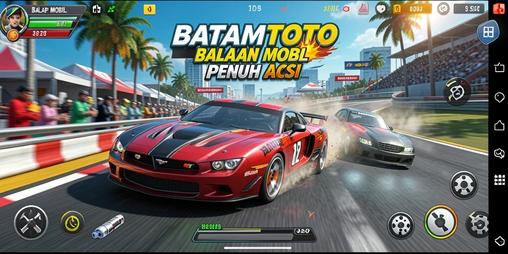 Tampilan layar utama BATAMTOTO yang penuh aksi balapan mobil.