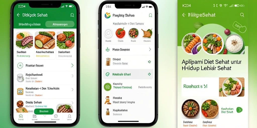 Antarmuka aplikasi K234 dengan berbagai fitur diet sehat.