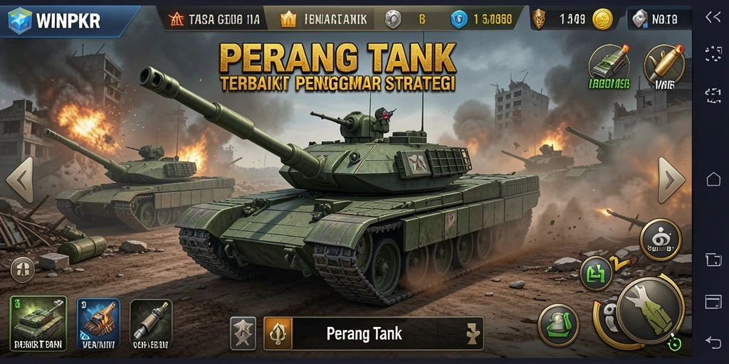 Tampilan antarmuka seru dalam gameplay Perang Tank.
